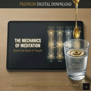 Pode incluir: Uma imagem digital com o texto "The Mechanics of Meditation" e "Beyond the Illusion of Thought". Um copo de água está ao lado de um tablet. Um líquido dourado está sendo derramado no copo. A imagem também inclui o texto "Soul Shift".