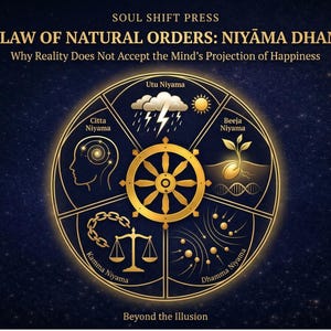 May include: A graphic with the text "THE LAW OF NATURAL ORDERS: NIYAMA DHAMMA" and "Why Reality Does Not Accept the Mind's Projection of Happiness." The image features a gold wheel with symbols and text in a circular design on a dark blue background.