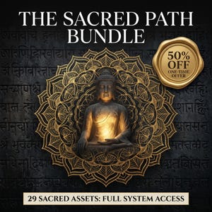 Puede incluir: Gráfico digital con el texto "THE SACRED PATH BUNDLE" sobre un mandala dorado y una estatua de Buda sentado. Un sello dorado dice "50% OFF ONE-TIME OFFER". El texto inferior dice "29 SACRED ASSETS: FULL SYSTEM ACCESS."