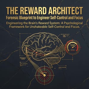 May include: An infographic titled "THE REWARD ARCHITECT" with text describing self-control and focus. The image features a detailed illustration of a brain with interconnected diagrams, including the prefrontal cortex, nucleus accumbens, and a focus target.