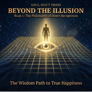 Puede incluir: Ilustración digital con el texto "BEYOND THE ILLUSION" y "The Wisdom Path to True Happiness". Una silueta se alza sobre un ojo brillante en una cuadrícula, con un fondo estrellado. De Soul Shift Press.