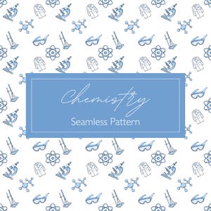May include: A white background with a repeating pattern of science-related illustrations in light blue. The design features lab coats, microscopes, goggles, atom symbols, and molecular structures. A blue rectangle in the centre reads "Chemistry" and "Seamless Pattern".