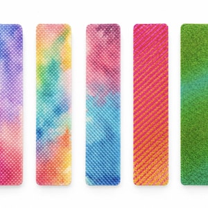 May include: Five rectangular fabric patches with colourful tie-dye patterns. The patches are arranged vertically and feature a variety of colours, including pink, blue, orange, and green. Each patch has a textured surface with a dotted pattern.