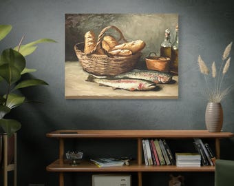 Naturaleza muerta rústica, peces y panes, arte gospel, peces y pan, panes, comedor religioso, obras de arte de peces y amores, no es IA