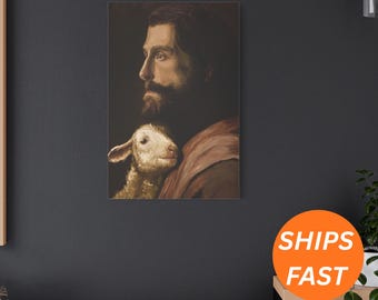 Jesús deja a las 99 ovejas, obra de arte cristiana del Buen Pastor, parábola de la oveja perdida, arte mural cristiano, versículo bíblico, impreso y enviado.