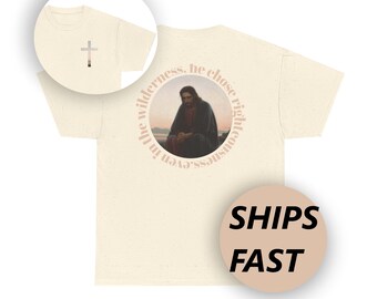 Camiseta con la cruz de Jesús orando / Camiseta con versículo bíblico de Jesús en el desierto
