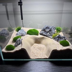 May include: A small, clear glass aquarium with a sandy substrate, decorative rocks, and vibrant green moss accents. A beige, arch-shaped structure is in the center. The aquarium is lit by a black light fixture.