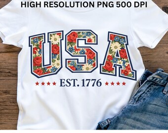 Floral USA Est 1776 PNG, Design rétro patriotique à sublimation (téléchargement numérique)