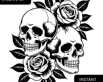 Tatouage de crâne et de roses SVG – dessin au trait gothique noir et blanc (téléchargement numérique)
