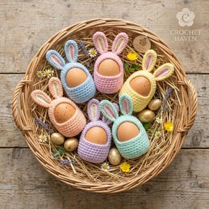 May include: A woven basket displays six pastel-coloured crocheted egg cosies, each designed as a bunny with upright ears. The eggs are nestled in straw with golden eggs and small flowers. The logo "CROCHET HAVEN" is visible.
