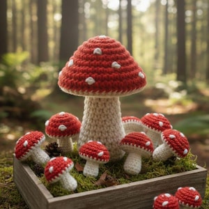 May include: A selection of handmade crochet mushrooms. The mushroom caps are red with white spots, and the stems are cream-coloured. The mushrooms are displayed in a wooden box on green moss, with a forest backdrop.