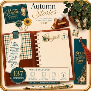 May include: A digital planner sticker set titled Autumn Stories featuring floral and butterfly graphics, a brown tape dispenser, a spiral-bound notebook, bookmarks with text including Breathe Then Begin and Keep Turning The Page, and a floral pen.