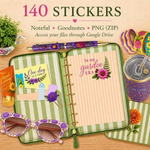 May include: An open green striped planner with a gold zipper, pen, and sunglasses with floral accents. The planner contains a card that says "One day at a time" and another that says "In my garden era". The image also includes a hand lotion, a tumbler, and washi tape.