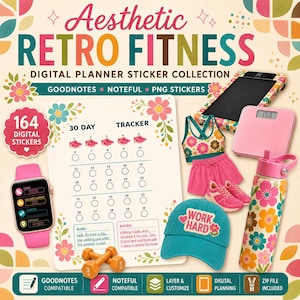 May include: A digital planner sticker collection titled Aesthetic Retro Fitness featuring a 30-day tracker, a pink digital scale, a floral sports bra, pink shorts, pink trainers, a teal baseball cap with Work Hard text, and a floral water bottle.