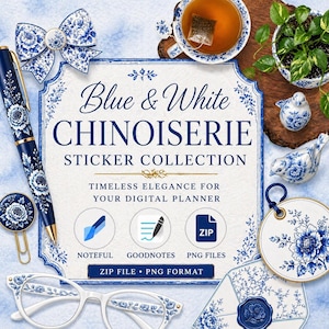 Könnte beinhalten: Eine digitale Sticker-Kollektion im blau-weißen Chinoiserie-Design. Das Bild zeigt einen Stift, eine Brille und dekorative Elemente mit floralen Mustern. Der Text enthält "Blue & White Chinoiserie Sticker Collection" und "Timeless Elegance for Your Digital Planner."