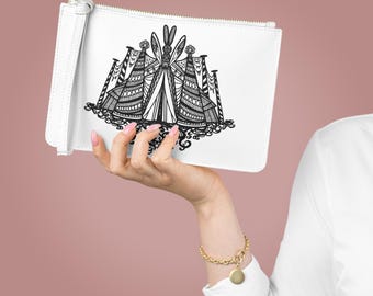 Rabbit Circus Clutch Bag | Whimsical Illustration, Faux Leather Wristlet