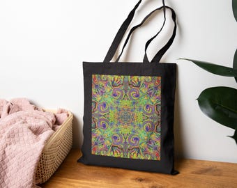 Warped Mandala Rainbow Flame Tote | Psychedelic Boho Canvas Bag