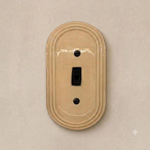 May include: An oval-shaped light beige ceramic light switch plate featuring a glossy finish and concentric grooved detailing. The plate includes a central black toggle switch and two black screws positioned above and below the switch mechanism.