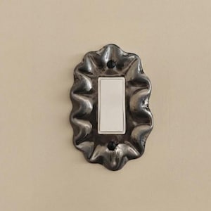 Peut inclure: Une plaque d'interrupteur avec un bord métallique sombre, ondulé et festonné entourant un interrupteur à bascule blanc rectangulaire central. La plaque est fixée par deux vis noires situées en haut et en bas de l'interrupteur.