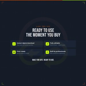 Pu&ograve; includere: Un grafico digitale blu scuro con il testo WHY THIS PACK READY TO USE THE MOMENT YOU BUY. Quattro riquadri rettangolari mostrano icone e testo: Instant digital download, Fully editable, Print-ready e Built by professionals.