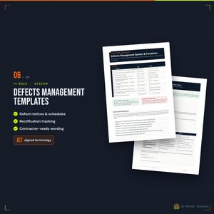 Pu&ograve; includere: Un set di documenti digitali intitolato Defects Management Templates su sfondo scuro con accenti arancioni. Il testo include 06/08, DOCX, SYSTEM ed elenca funzionalit&agrave; come avvisi di difetti, programmi, tracciamento e terminologia allineata JCT.
