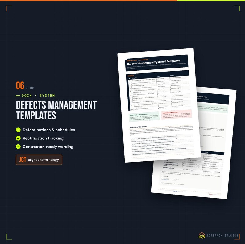 Pu&ograve; includere: Un set di documenti digitali intitolato Defects Management Templates su sfondo scuro con accenti arancioni. Il testo include 06/08, DOCX, SYSTEM ed elenca funzionalit&agrave; come avvisi di difetti, programmi, tracciamento e terminologia allineata JCT.