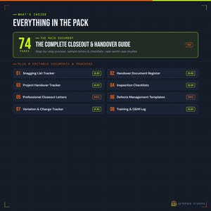 Pu&ograve; includere: Un pacchetto di documenti digitali intitolato Everything in the Pack, contenente una guida alla chiusura e alla consegna di 74 pagine e otto file modificabili, tra cui un tracker per l'elenco dei difetti, un registro dei documenti di consegna, un tracker di progetto, liste di controllo, lettere di chiusura, modelli di gestione dei difetti, un tracker delle variazioni e un registro di formazione.