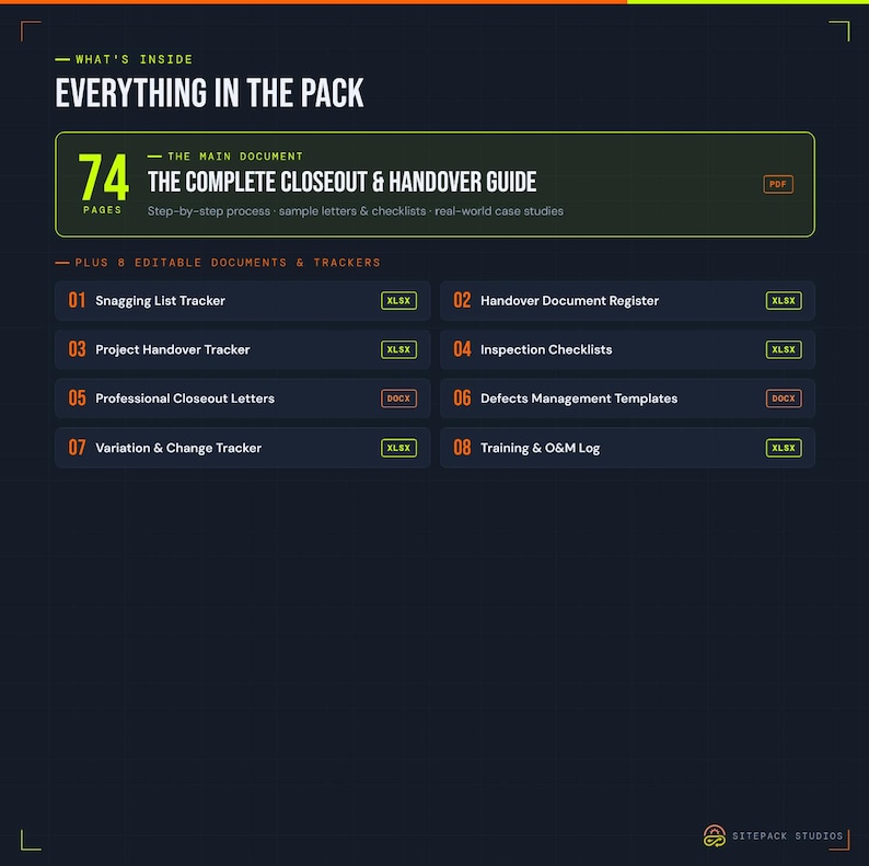 Pu&ograve; includere: Un pacchetto di documenti digitali intitolato Everything in the Pack, contenente una guida alla chiusura e alla consegna di 74 pagine e otto file modificabili, tra cui un tracker per l'elenco dei difetti, un registro dei documenti di consegna, un tracker di progetto, liste di controllo, lettere di chiusura, modelli di gestione dei difetti, un tracker delle variazioni e un registro di formazione.