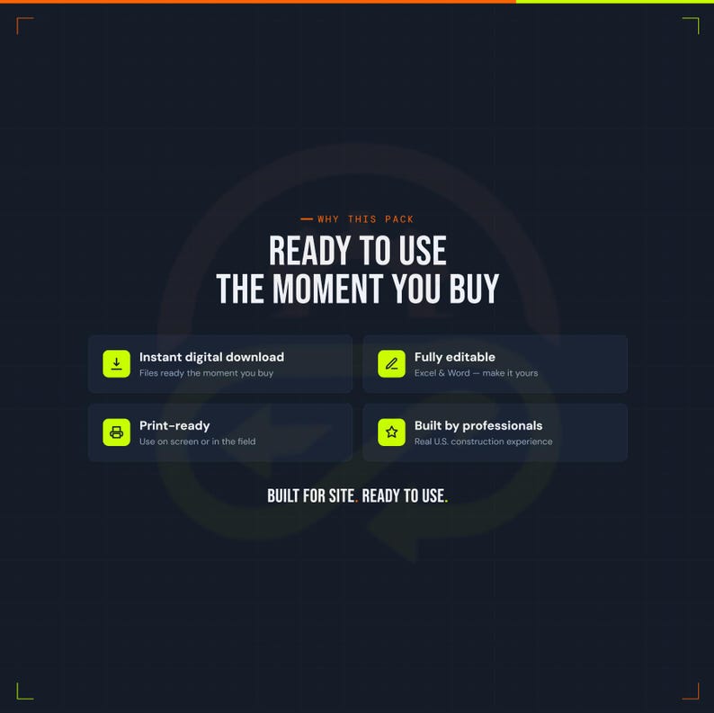 May include: A dark blue digital graphic with white text reading WHY THIS PACK READY TO USE THE MOMENT YOU BUY. Four rectangular boxes feature icons and text: Instant digital download, Fully editable, Print-ready, and Built by professionals.