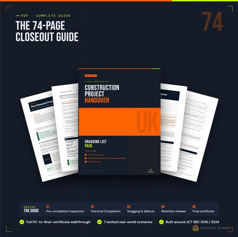 Pu&ograve; includere: Una guida digitale in PDF di 74 pagine per la consegna di progetti di costruzione con copertina blu scuro, dettagli arancioni e il testo Construction Project Handover UK Snagging List Pack. Include cinque sezioni su ispezione pre-consegna, completamento pratico, lista dei difetti, svincolo delle ritenute e certificato finale, in linea con gli standard JCT SBC 2016 e 2024.