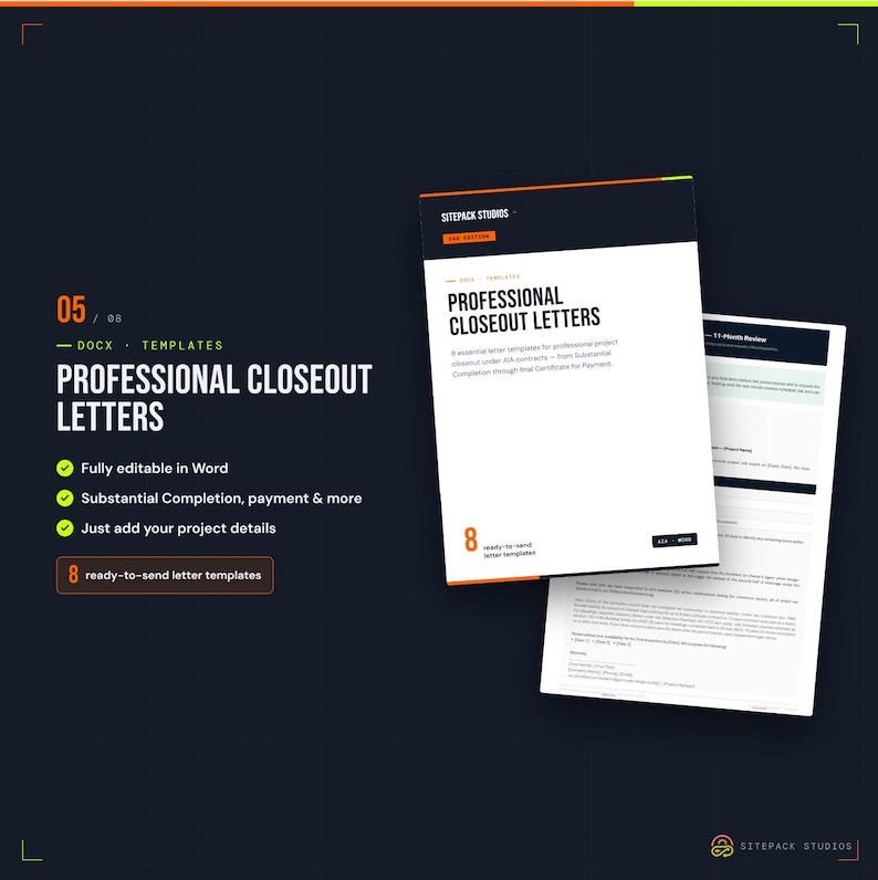 May include: A digital document set titled Professional Closeout Letters by Sitepack Studios. The dark background features white text, orange accents, and green checkmarks. It includes eight ready-to-send letter templates in DOCX format.
