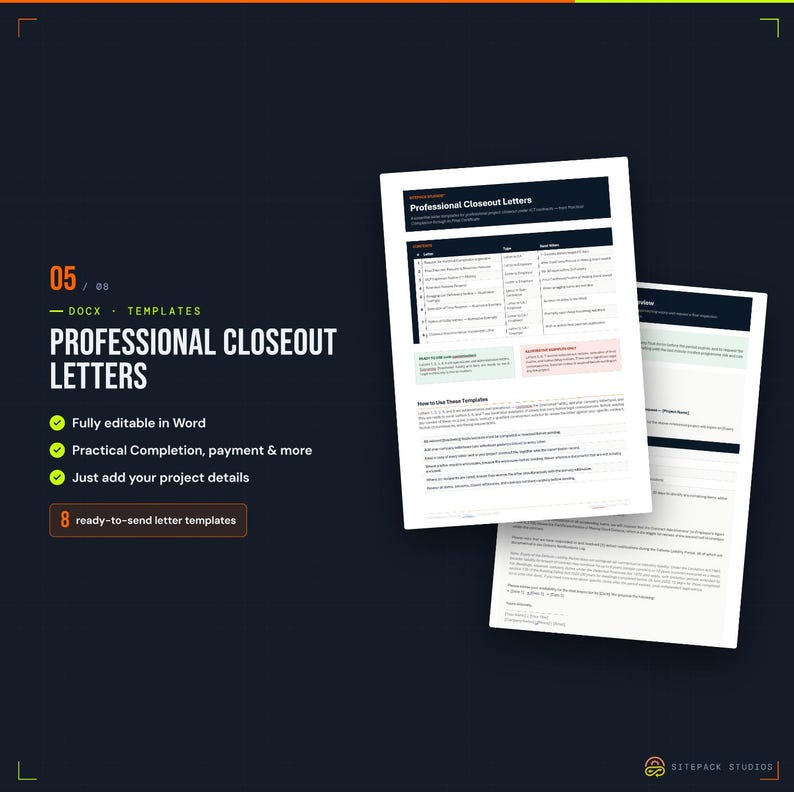 Pu&ograve; includere: Un prodotto digitale che presenta lettere di chiusura professionali con 8 modelli DOCX pronti all'uso. La grafica include un elenco di funzionalit&agrave;, un sommario e testo di esempio su pagine bianche su uno sfondo scuro.