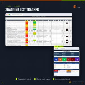 Pu&ograve; includere: Un modello di foglio di calcolo digitale Snagging List Tracker caratterizzato da una tabella dati dettagliata con colonne di stato, codifica a colori di priorit&agrave; e un'interfaccia dashboard live che mostra metriche di progetto e grafici.