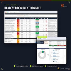Pu&ograve; includere: Un foglio di calcolo digitale intitolato Handover Document Register che mostra i dati di chiusura dei lavori di costruzione con colonne per nomi dei documenti, livelli di priorit&agrave;, categorie e indicatori di stato. Una finestra dashboard secondaria mostra grafici di avanzamento, percentuali di completamento e metriche.