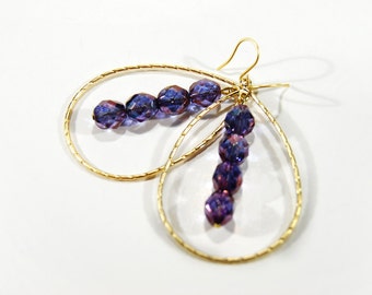 Beaded Hoop Earrings Purple Czech Glass AB Finish Jewelry