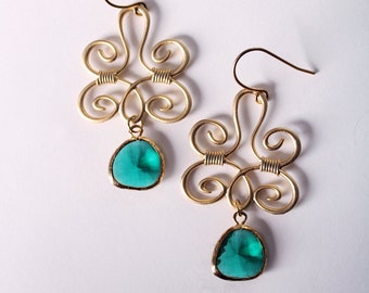 Gold Filigree Pendant Green Stone Earrings - Matte Gold Filigree Pendants with Vibrant Emerald Green Glass Stones