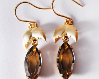 Wing Navette Earrings Winged Pendant Smoky Topaz Glass