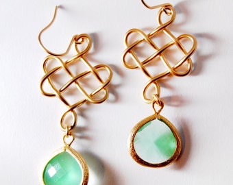 Celtic Knot Earrings Green Framed Glass Pendants