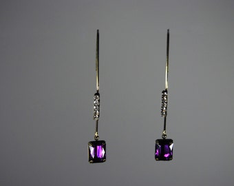 Amethyst Hoop Earrings Bronze Rhinestone Antique Style Oval