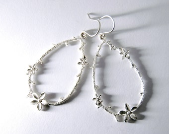 Silver Teardrop Earrings Flower Hoop Jewelry