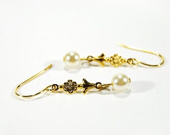 Pearl Dangle Earrings Gold Flower Charm Jewelry