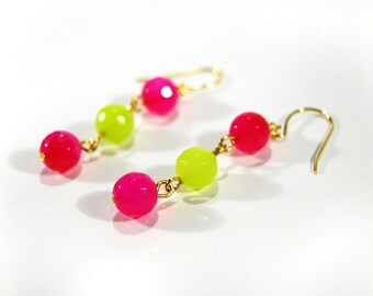 Pink Jade Earrings Green Jade Dangle Jewelry Dyed Stone