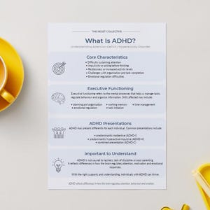 May include: A white paper titled "What Is ADHD?" with text about ADHD characteristics and presentations. A yellow teacup and saucer are in the upper left corner. A yellow tray and pen are in the lower right corner.