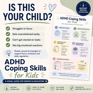 ADHD Coping Skills for Kids Poster | Emotional Regulation, Calm Down Corner (Digital PDF Download)