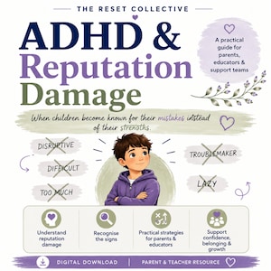 Peut inclure: Une ressource numérique intitulée ADHD & Reputation Damage avec l'illustration d'un enfant en sweat à capuche violet. Le texte inclut des étiquettes comme disruptive, difficult, too much, troublemaker et lazy barrées d'une croix.