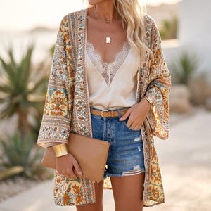 Kimono cárdigan de algodón con estampado floral estilo bohemio, holgado, ideal para la playa o como blusa tipo caftán de verano.