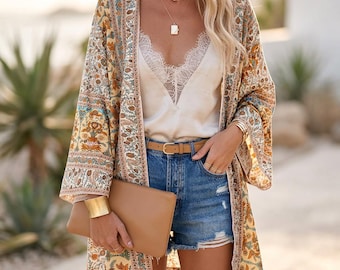 Kimono cárdigan de algodón con estampado floral estilo bohemio, holgado, ideal para la playa o como blusa tipo caftán de verano.