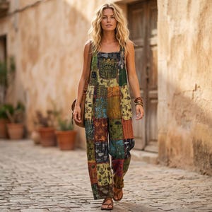 Può includere: Una tuta patchwork nei toni del verde, marrone e blu. L'indumento a gamba larga presenta uno scollo quadrato e una varietà di quadrati di tessuto fantasia. La modella indossa sandali marroni e una borsa a tracolla marrone. Lo sfondo è una strada acciottolata.