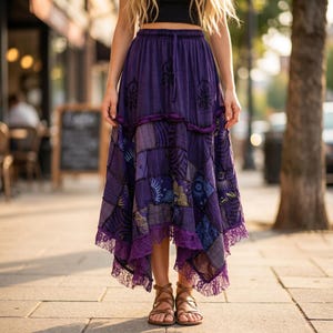 Boho Patchwork Maxi Rock Baumwolle Kordelzug Taille Spitzenbesatz Vintage Gypsy Stil