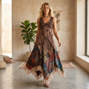 Embroidered Boho Patchwork Two Piece Set Elastic Waist Skirt Lace Trim Artisan Outfit